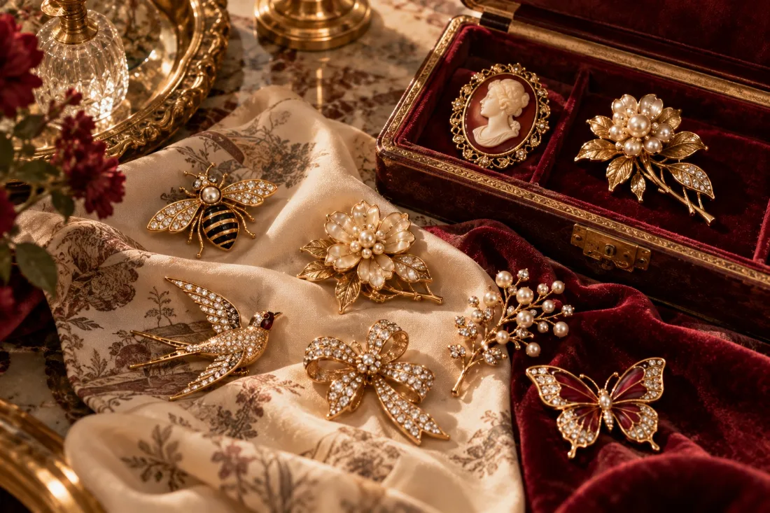 Collection de broches abeille, fleur, camée et strass posées sur un foulard en soie